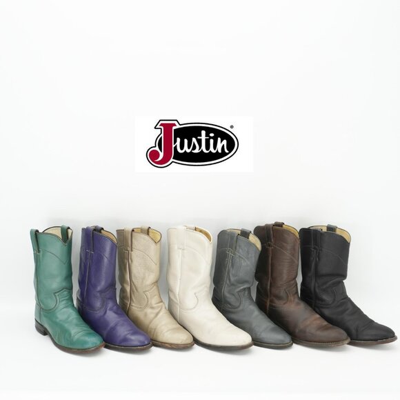 Brown Cowboy Boots Size 10 JUSTIN Vintage Leather Mid Calf Flat Western Boots - Picture 8 of 11